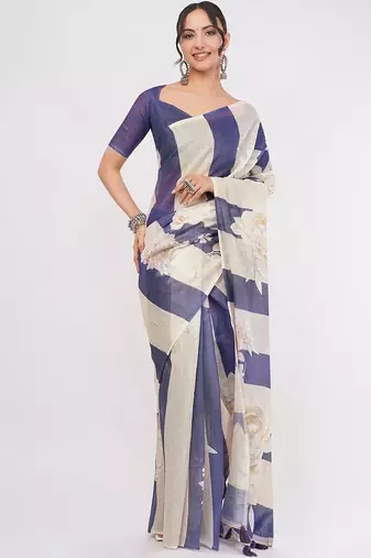 Multicolor pure linen printed saree with blouse