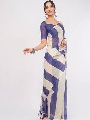 Multicolor pure linen printed saree with blouse 3