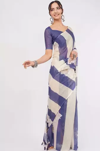Multicolor pure linen printed saree with blouse