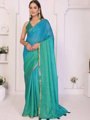 Blue linen checked saree with blouse 1