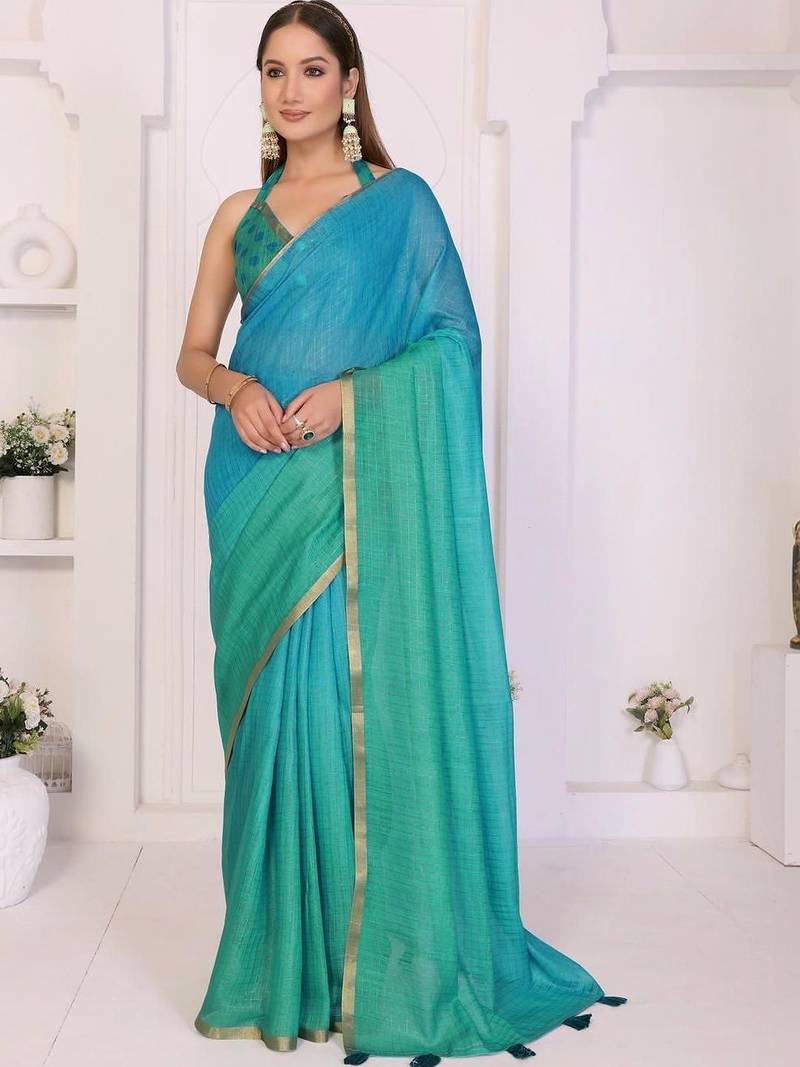 Blue linen checked saree with blouse