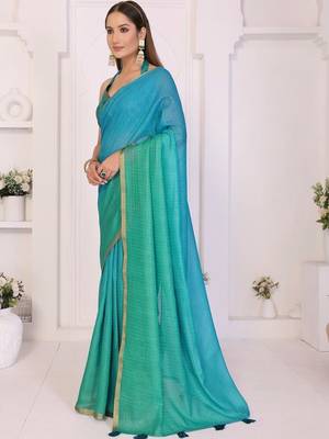 Blue linen checked saree with blouse 3