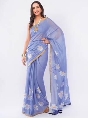 Lavender linen printed saree with blouse 1