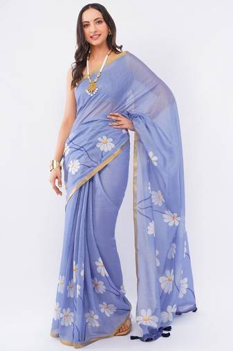 Lavender linen printed saree with blouse