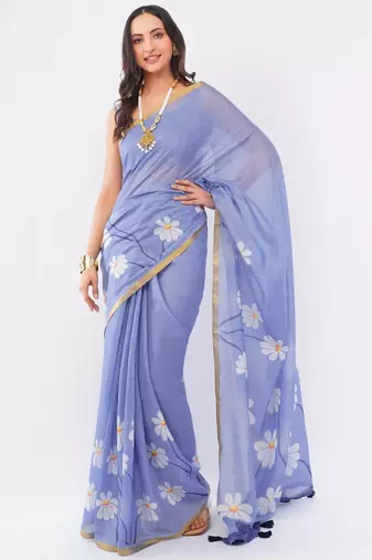 Lavender linen printed saree with blouse