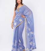 Lavender linen printed saree with blouse