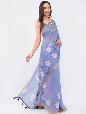 Lavender linen printed saree with blouse 2