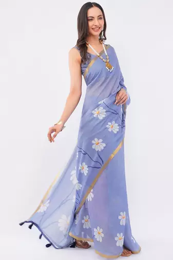 Lavender linen printed saree with blouse