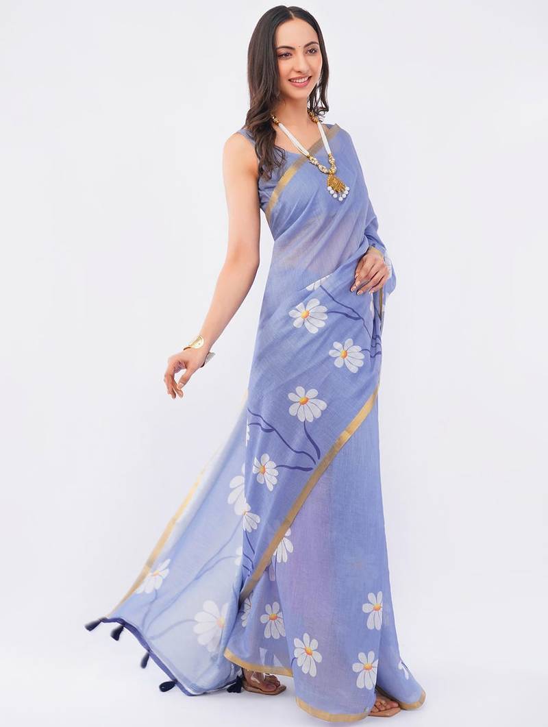 Lavender linen printed saree with blouse