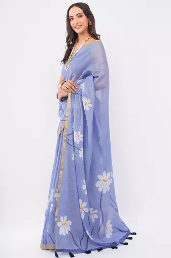 Lavender linen printed saree with blouse