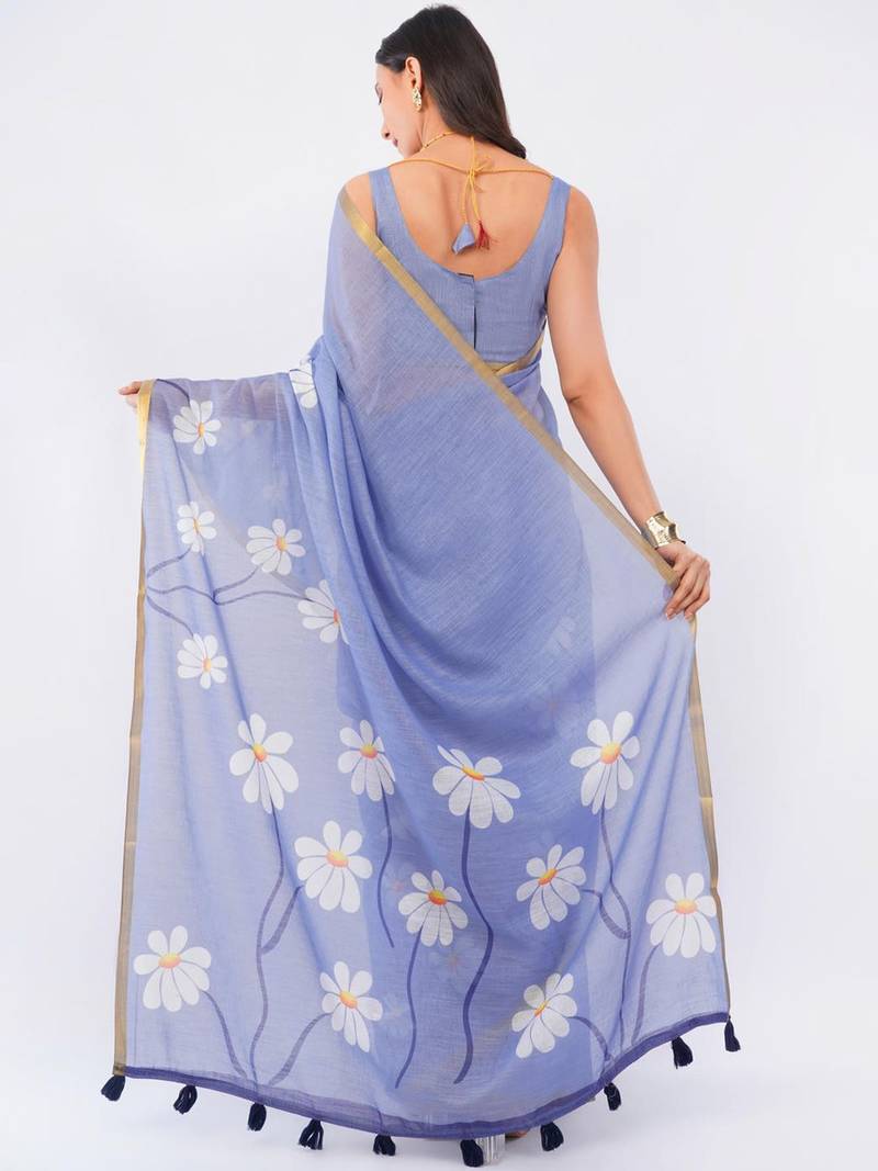 Lavender linen printed saree with blouse
