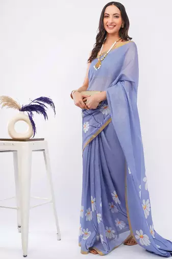 Lavender linen printed saree with blouse
