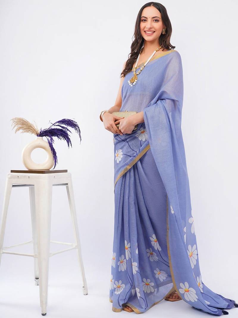 Lavender linen printed saree with blouse