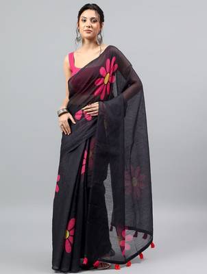 Black linen printed saree with blouse 1
