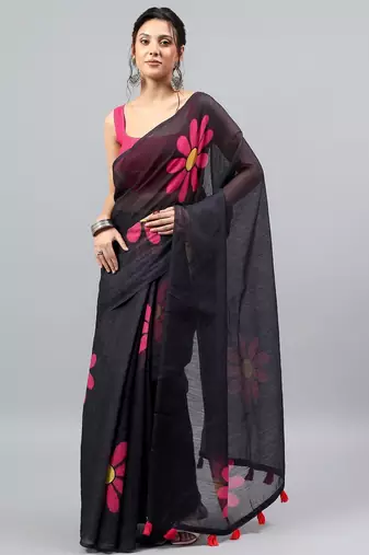 Black linen printed saree with blouse