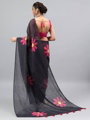 Black linen printed saree with blouse 2