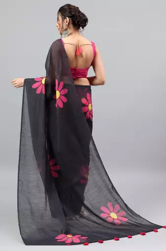 Black linen printed saree with blouse