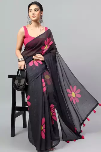 Black linen printed saree with blouse