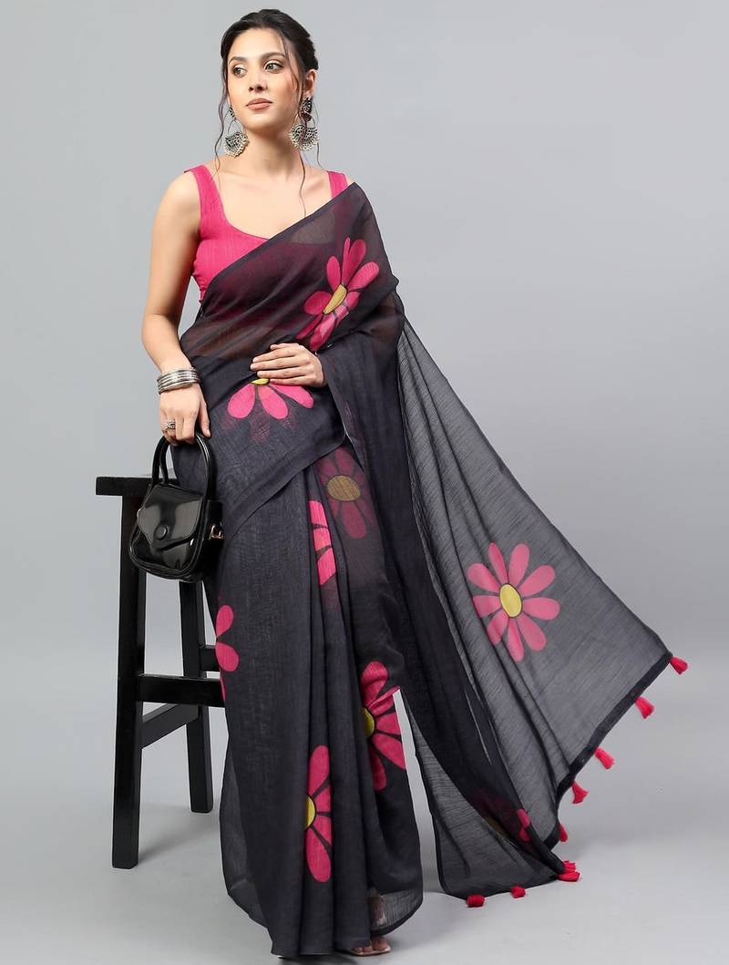 Black linen printed saree with blouse