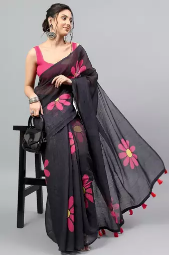 Black linen printed saree with blouse