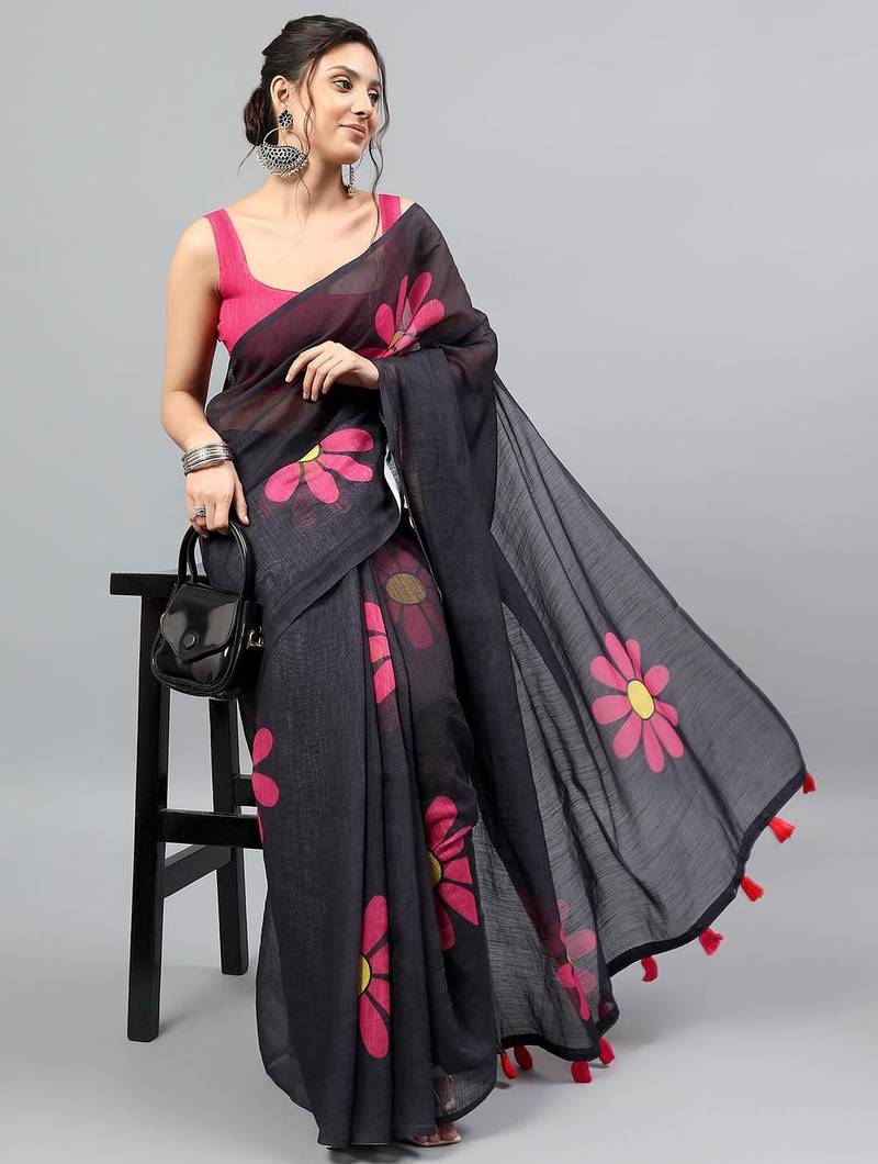 Black linen printed saree with blouse