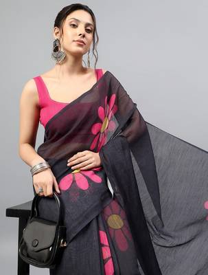 Black linen printed saree with blouse 5