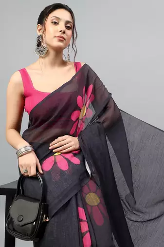 Black linen printed saree with blouse