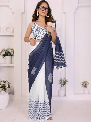 Navy blue linen printed saree with blouse 1