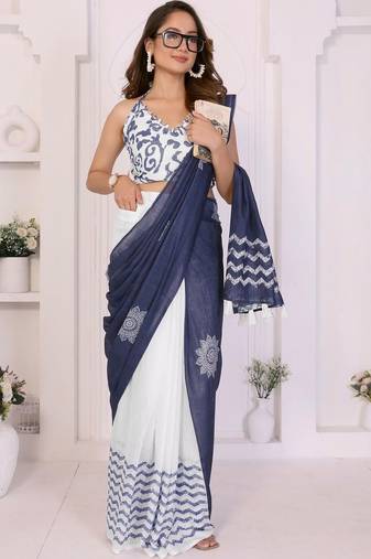 Navy blue linen printed saree with blouse