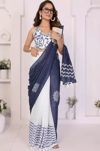 Navy blue linen printed saree with blouse