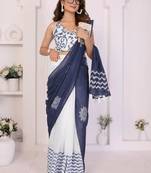 Navy blue linen printed saree with blouse