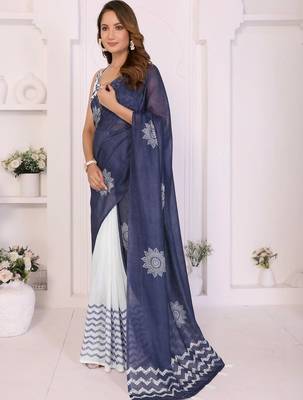 Navy blue linen printed saree with blouse 3