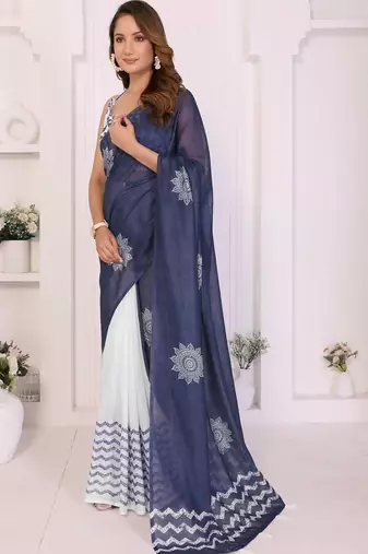 Navy blue linen printed saree with blouse