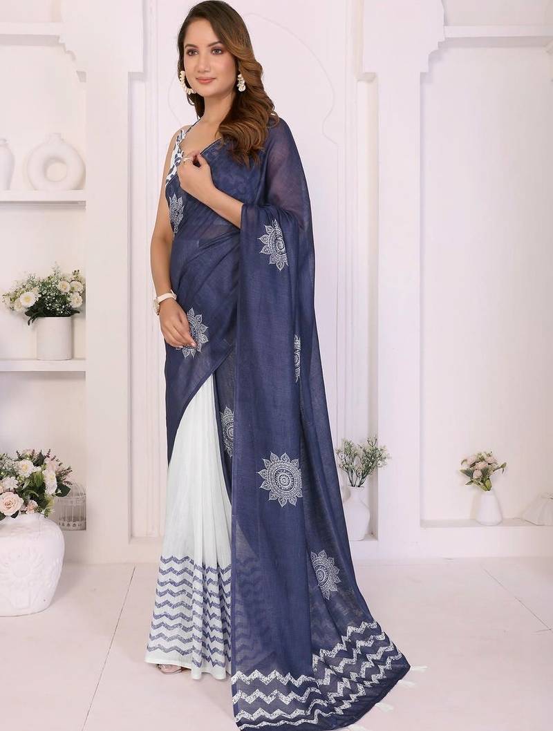 Navy blue linen printed saree with blouse