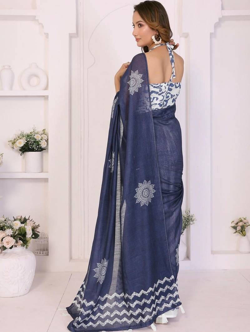 Navy blue linen printed saree with blouse
