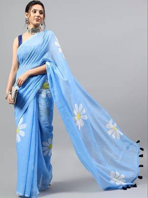 Blue linen printed saree with blouse 1