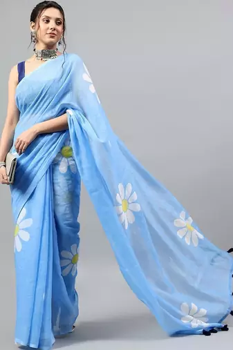 Blue linen printed saree with blouse