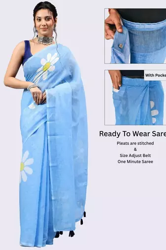 Blue linen printed saree with blouse