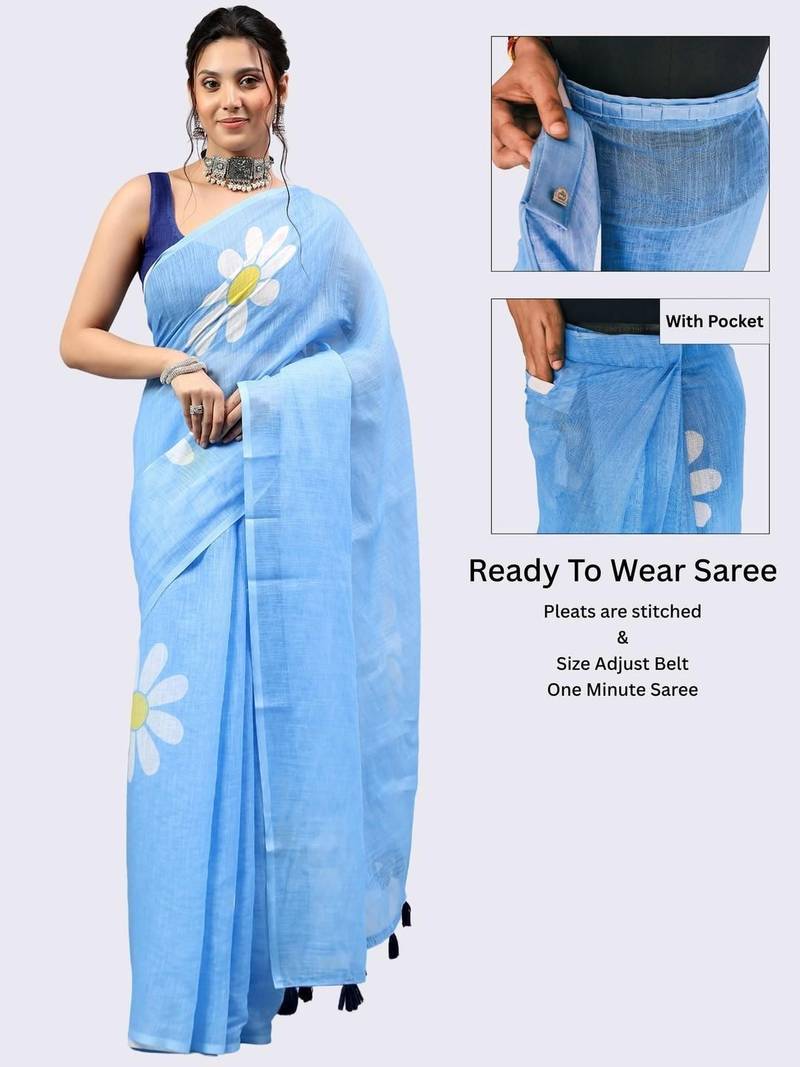 Blue linen printed saree with blouse