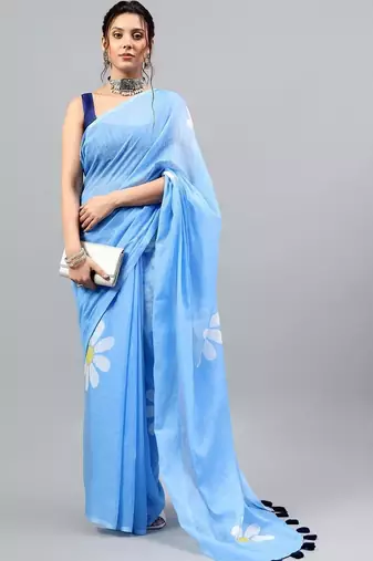 Blue linen printed saree with blouse