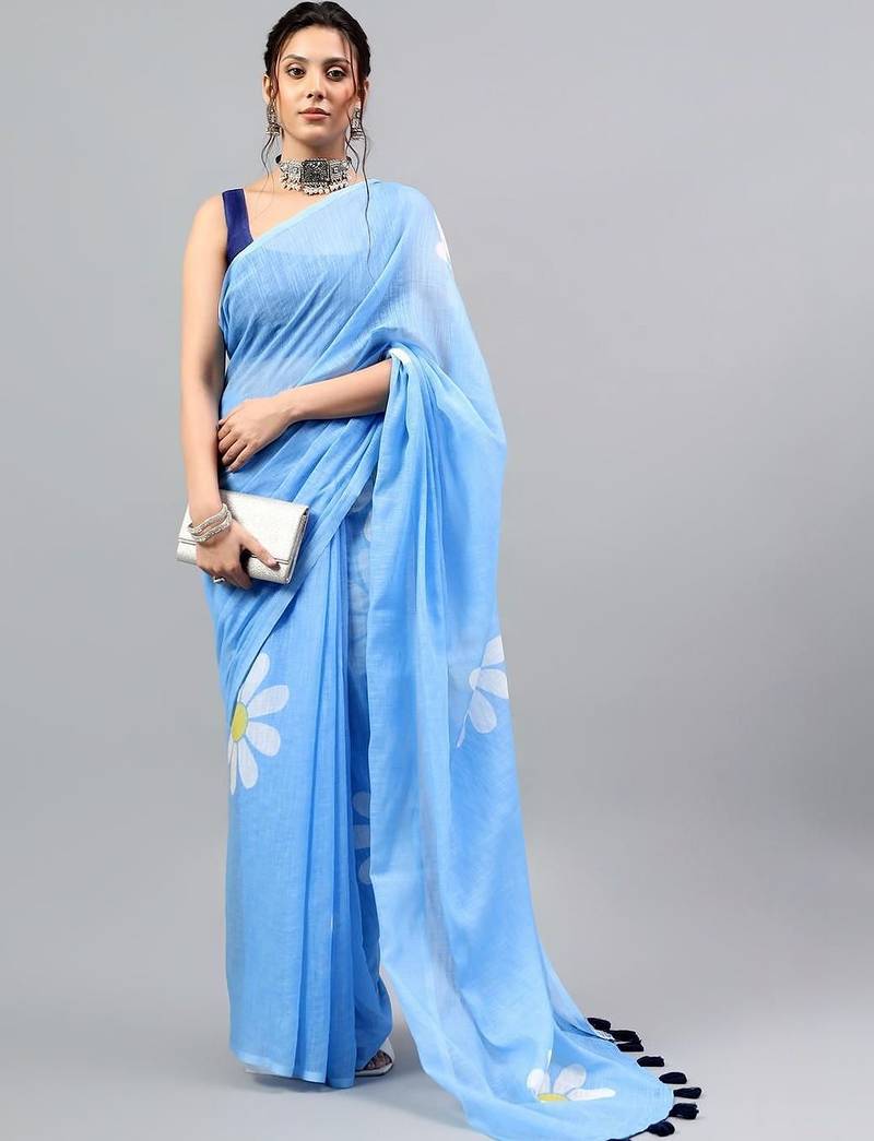 Blue linen printed saree with blouse