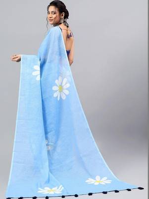 Blue linen printed saree with blouse 5