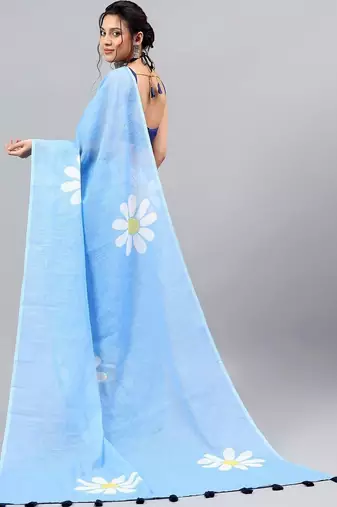 Blue linen printed saree with blouse