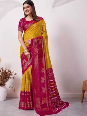 Yellow pure georgette woven design saree with blouse 1
