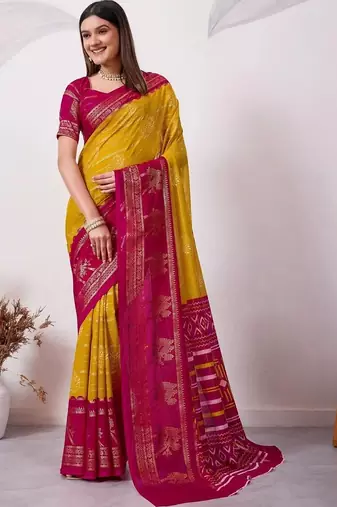 Yellow pure georgette woven design saree with blouse