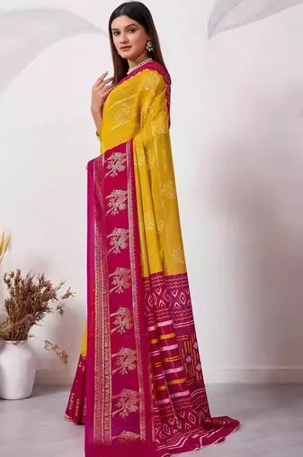 Yellow pure georgette woven design saree with blouse