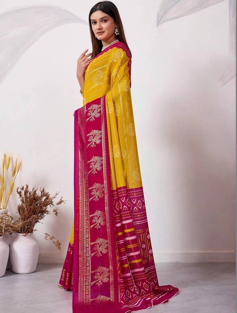Yellow pure georgette woven design saree with blouse