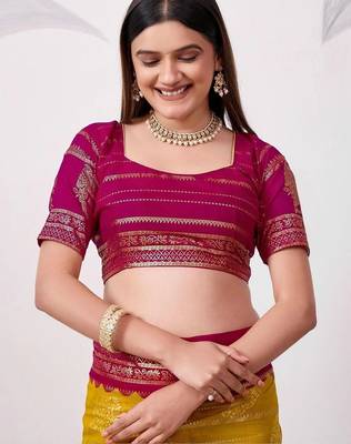 Yellow pure georgette woven design saree with blouse 5