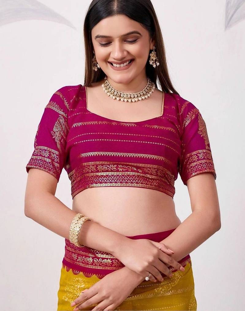 Yellow pure georgette woven design saree with blouse