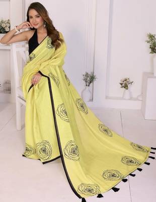 Yellow linen printed saree with blouse 1